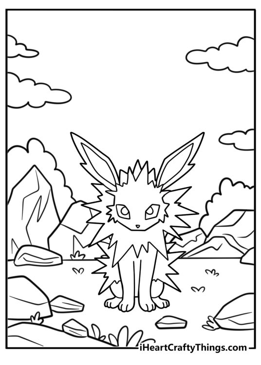 Jolteon on rocky terrain free coloring page pdf