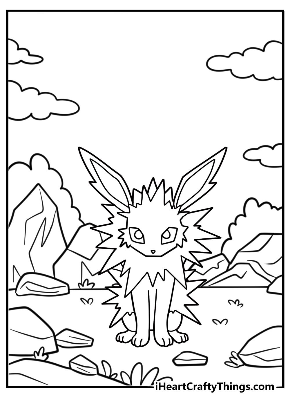 Jolteon on rocky terrain free coloring page pdf