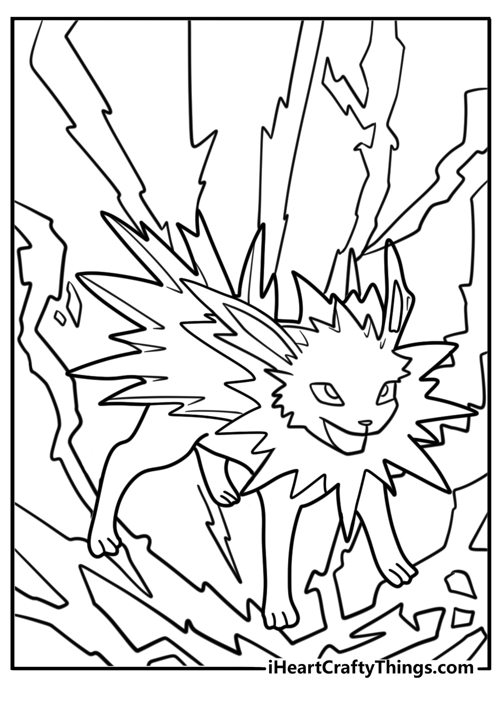 Jolteon surrounded by lightning printable coloring sheet