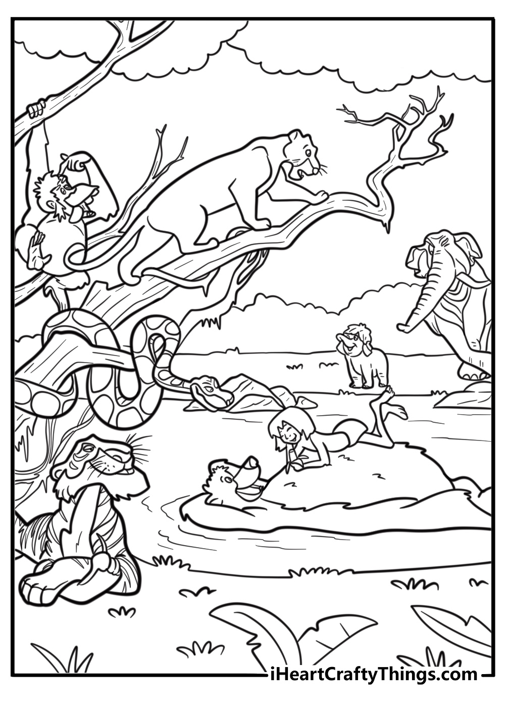 Jungle animals gathering at the river coloring page