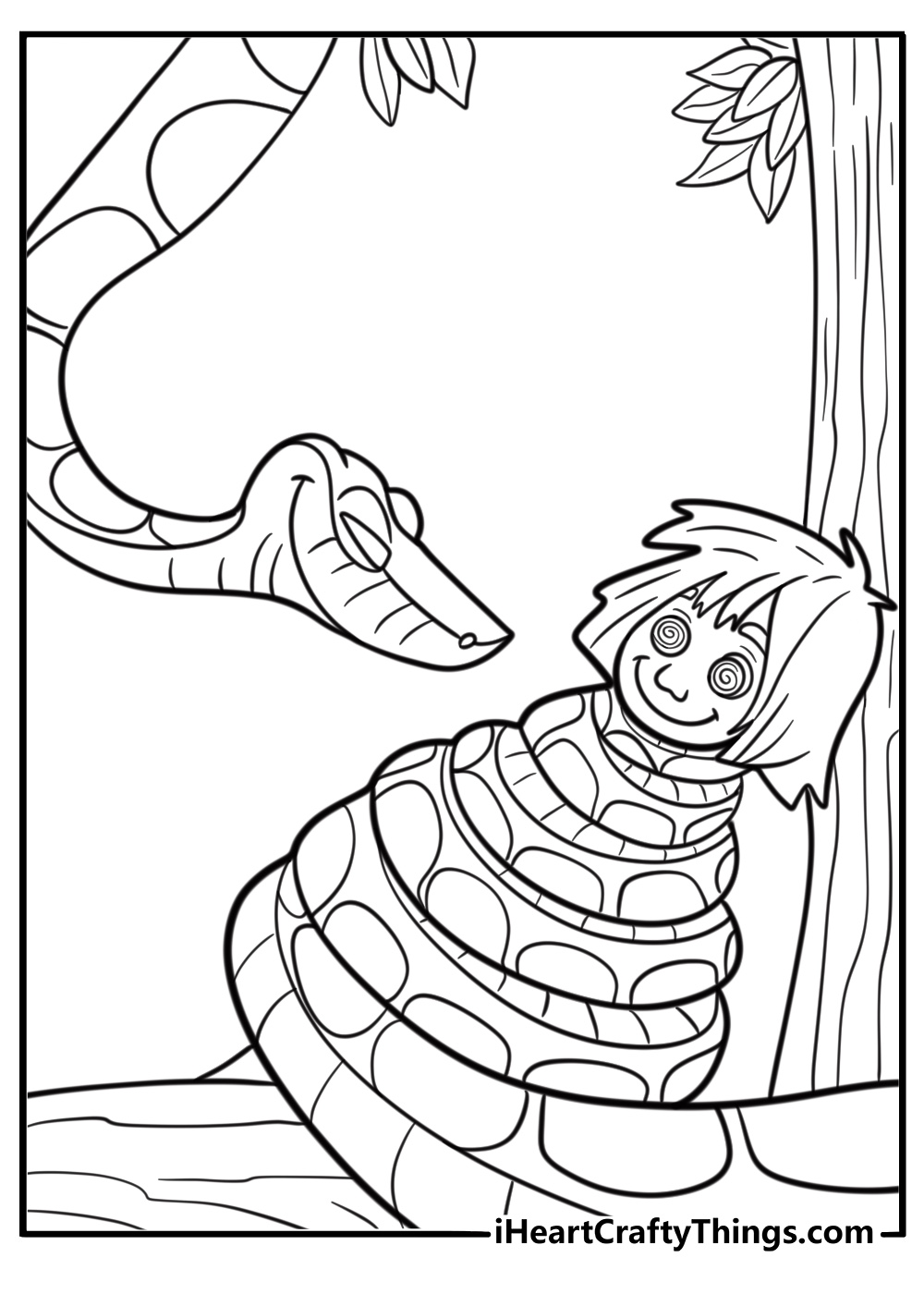Kaa the snake hypnotizing Mowgli coloring page
