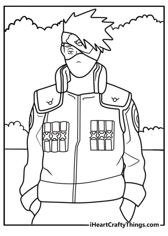 Kakashi in a relaxed pose with hands in pockets coloring page