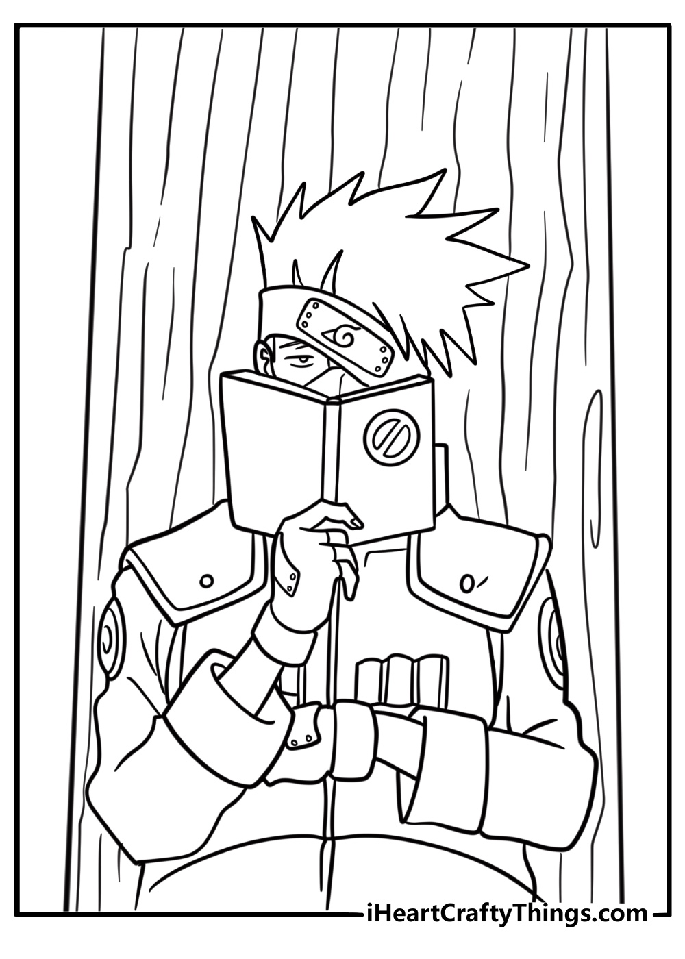 Kakashi reading while leaning against a tree coloring page