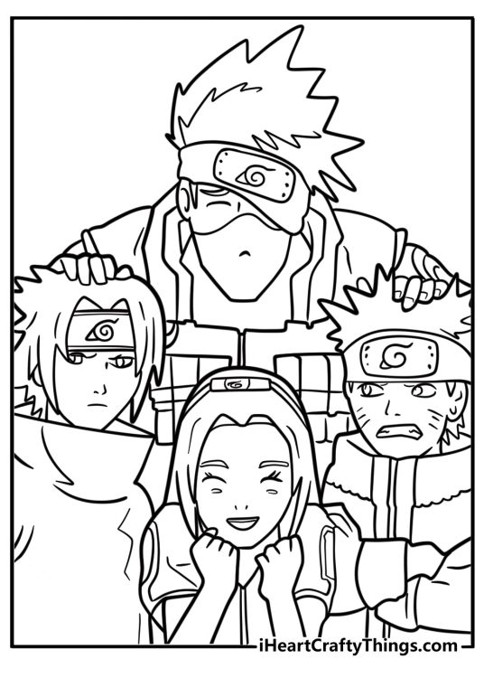 Kakashi standing with Team 7 Naruto Sakura Sasuke coloring page