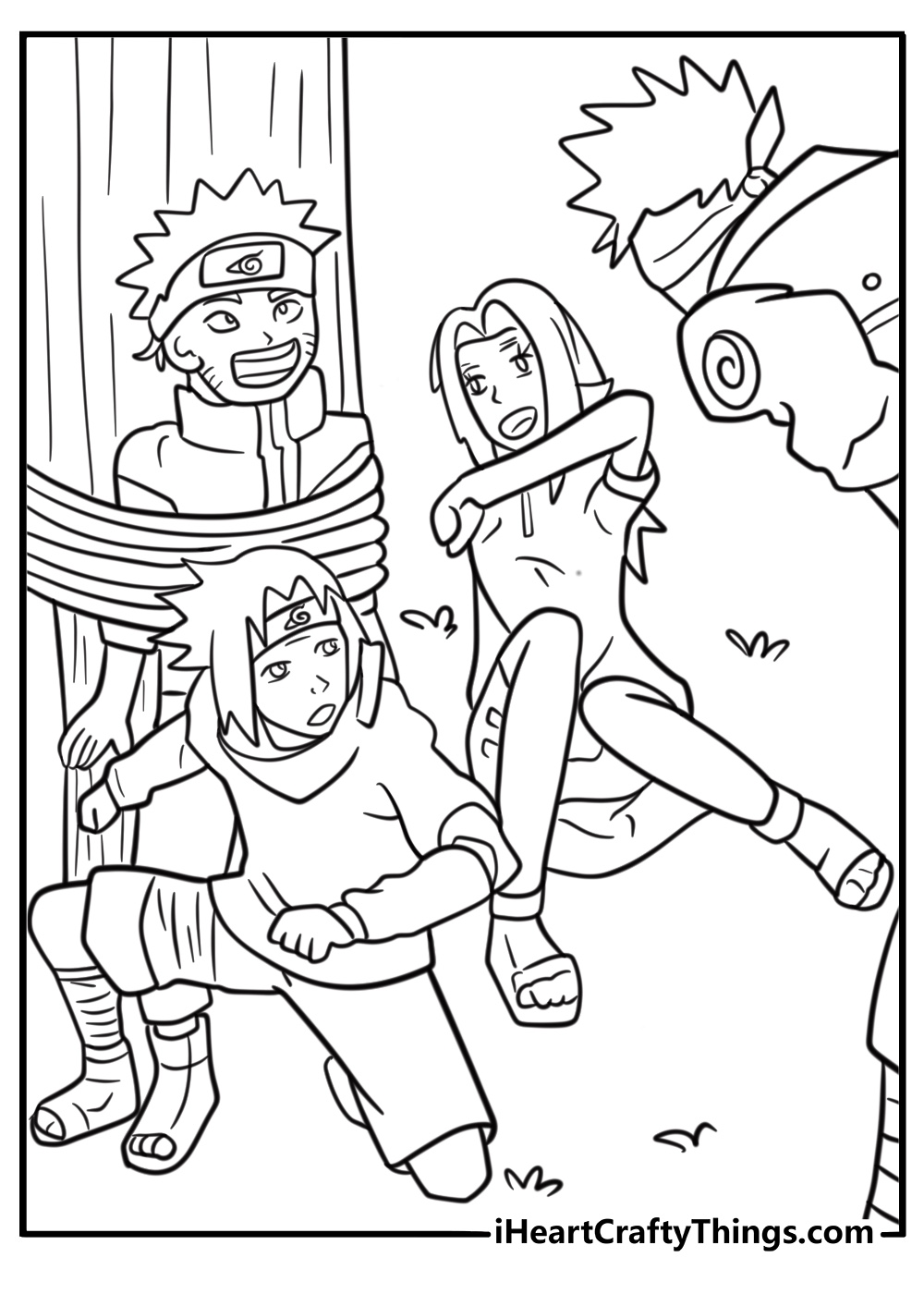 Kakashi teaching Naruto Sasuke and Sakura coloring page