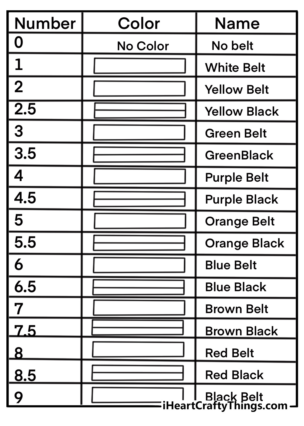 Karate belt chart with all belt colors coloring page
