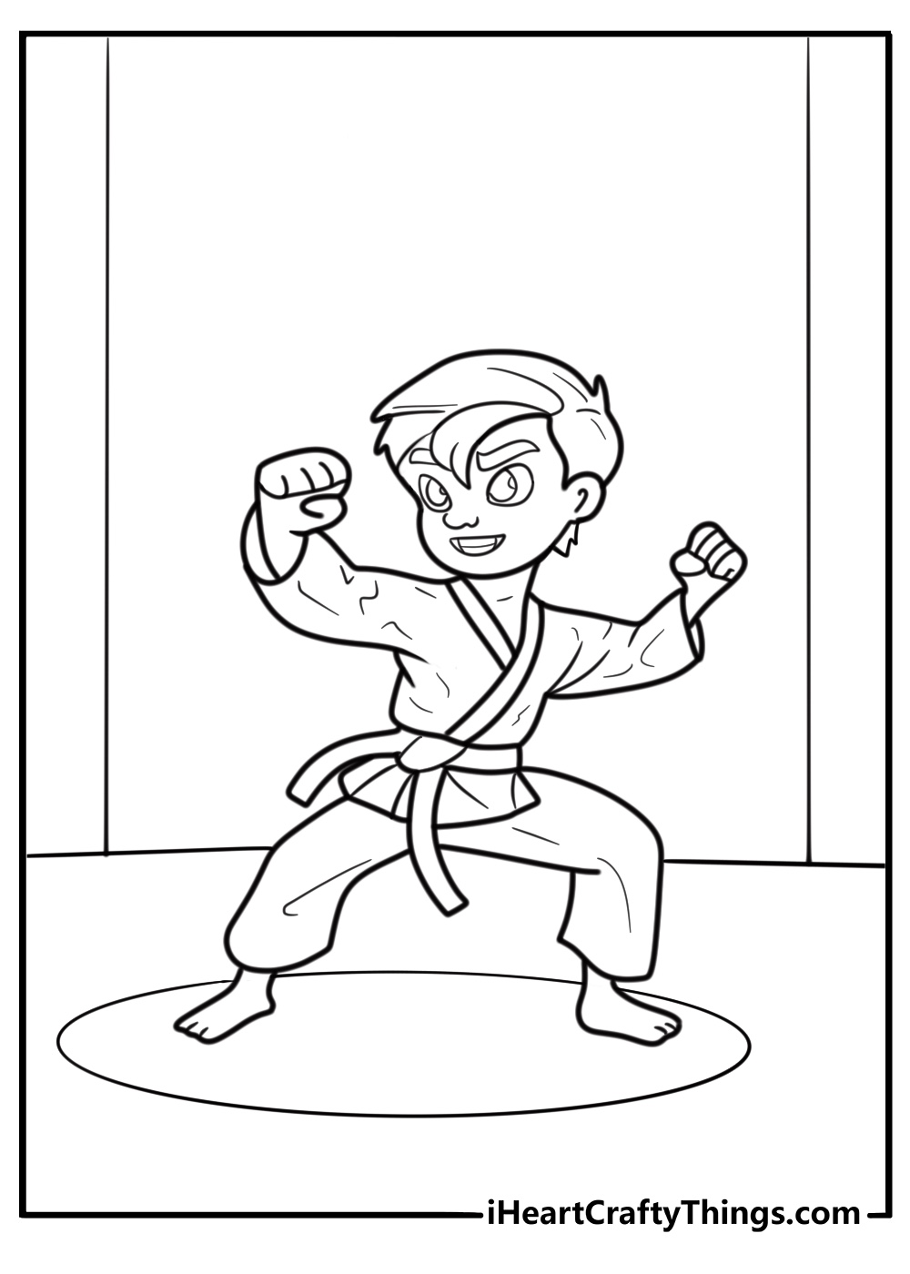 Karate black belt standing in ready stance coloring page