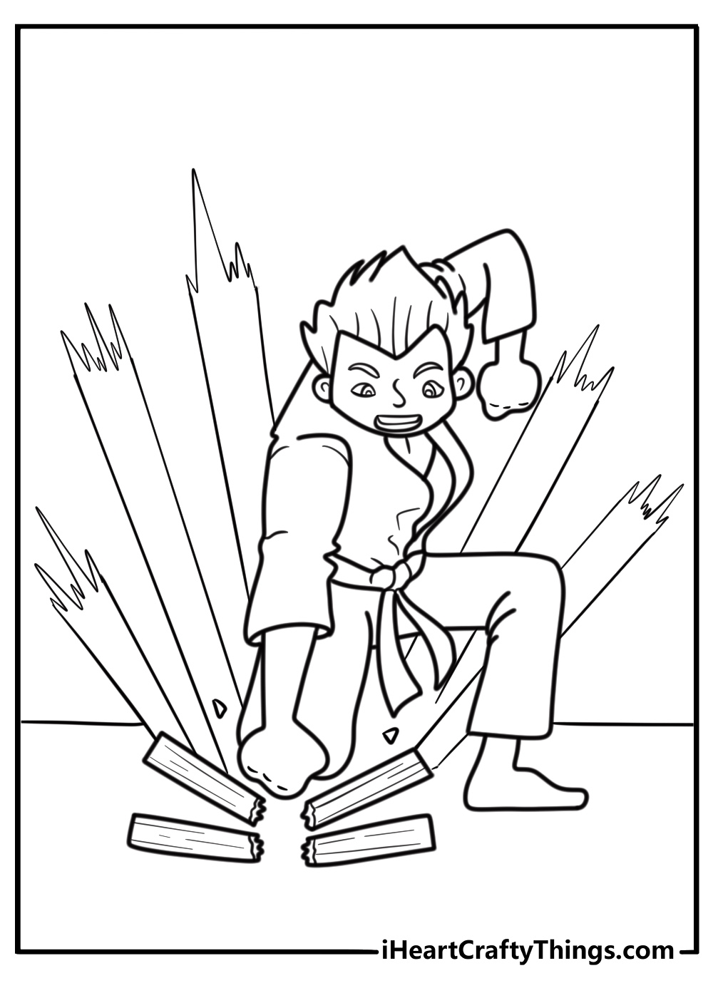 Karate boy breaking a wooden board coloring page