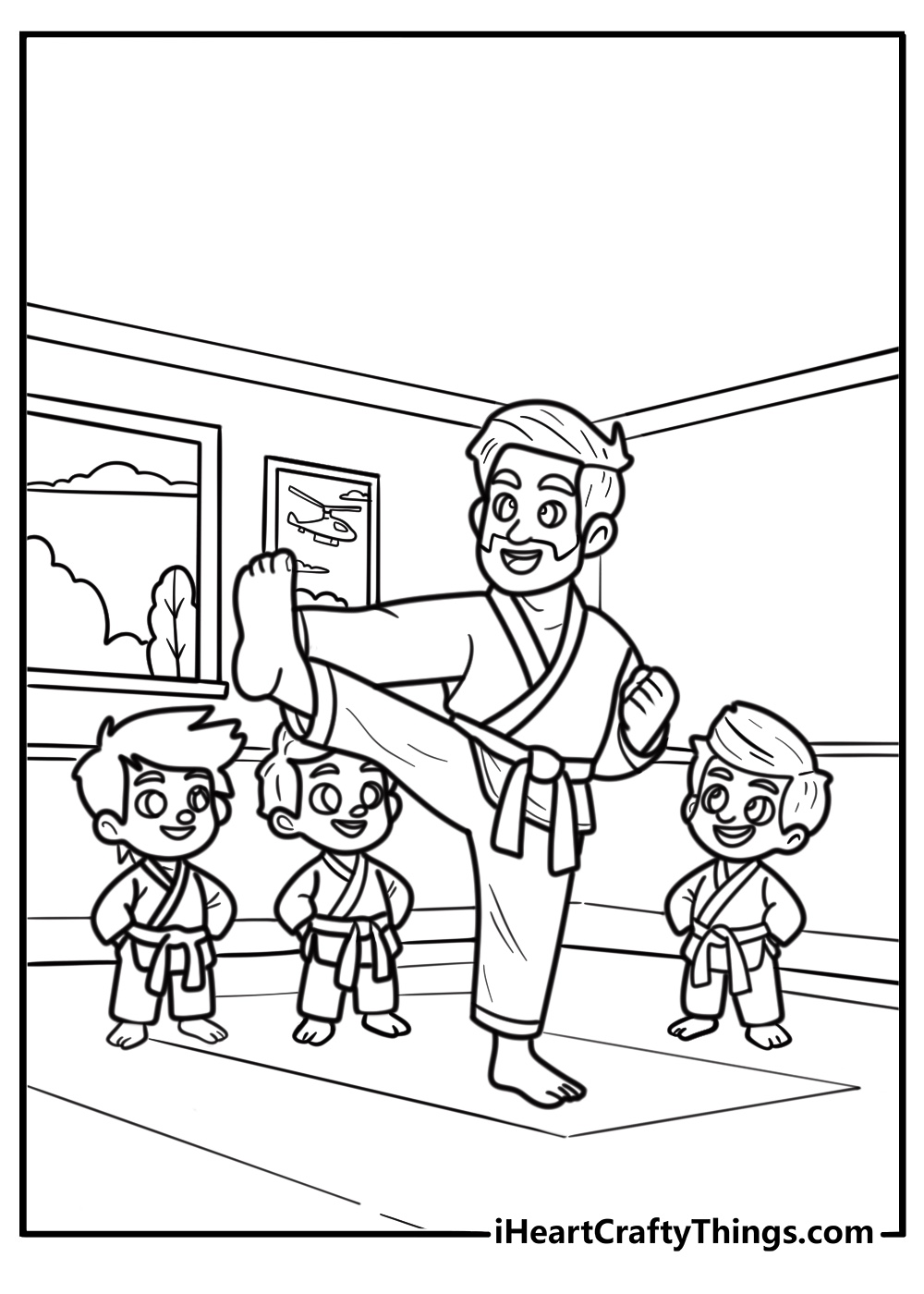 Karate dojo with students training coloring page