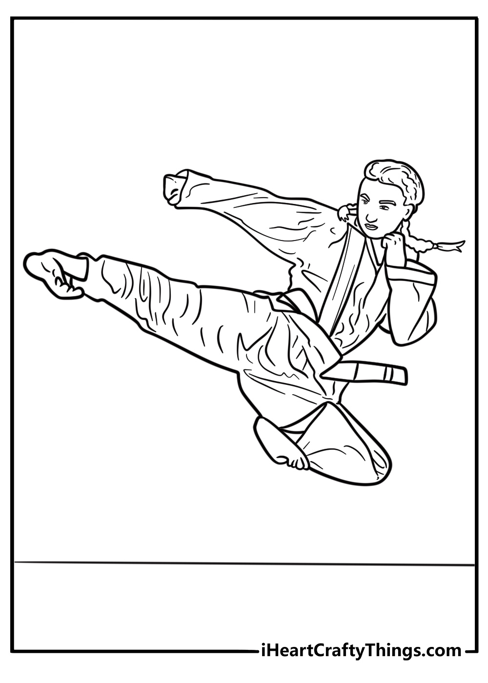 Karate fighter doing a high roundhouse kick coloring page