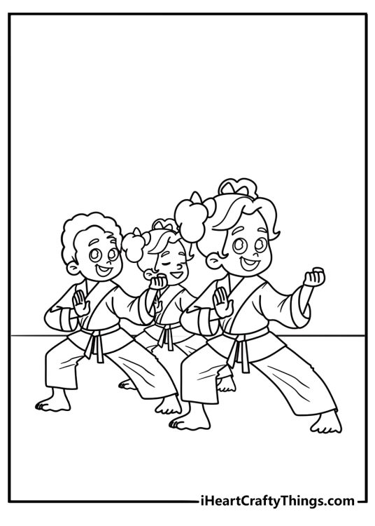 Karate group photo with students in uniform coloring page