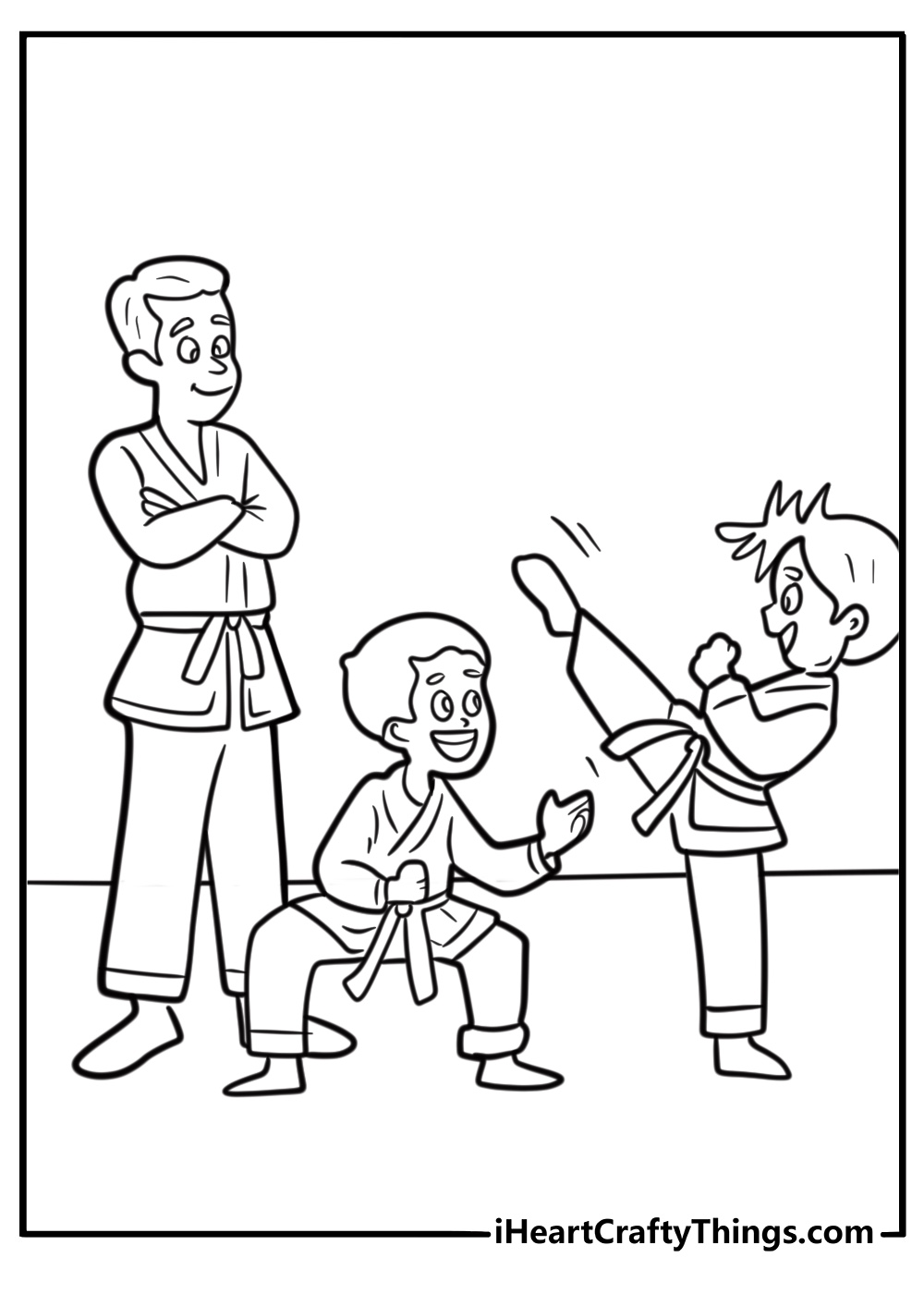 Karate instructor watching students train coloring page