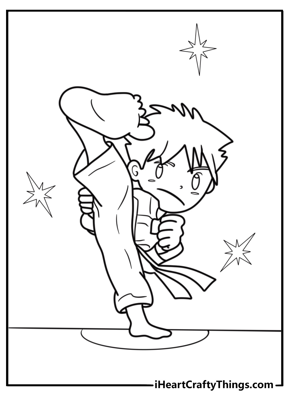Karate kid doing a front kick coloring page