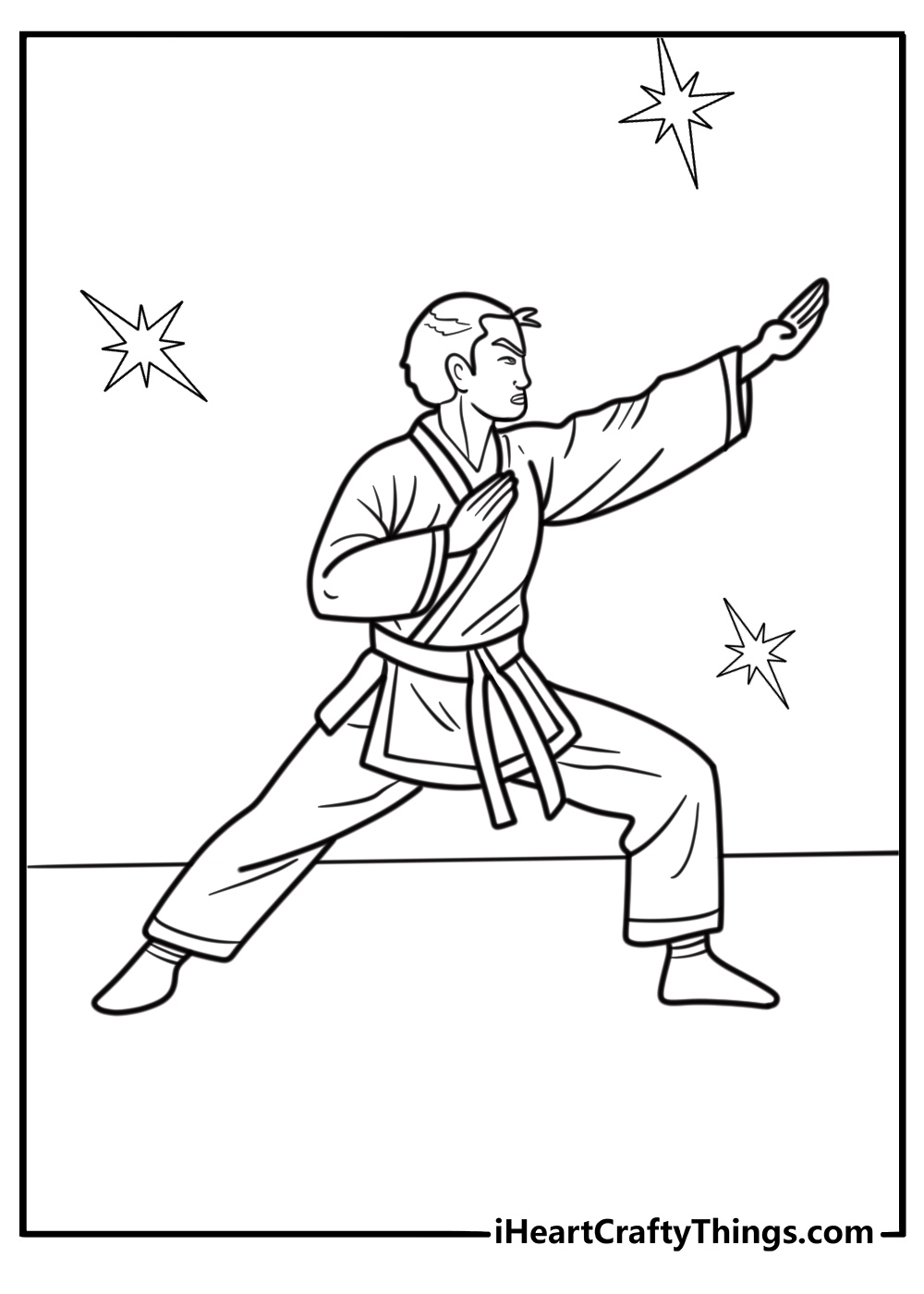 Karate master showing a kata pose coloring page