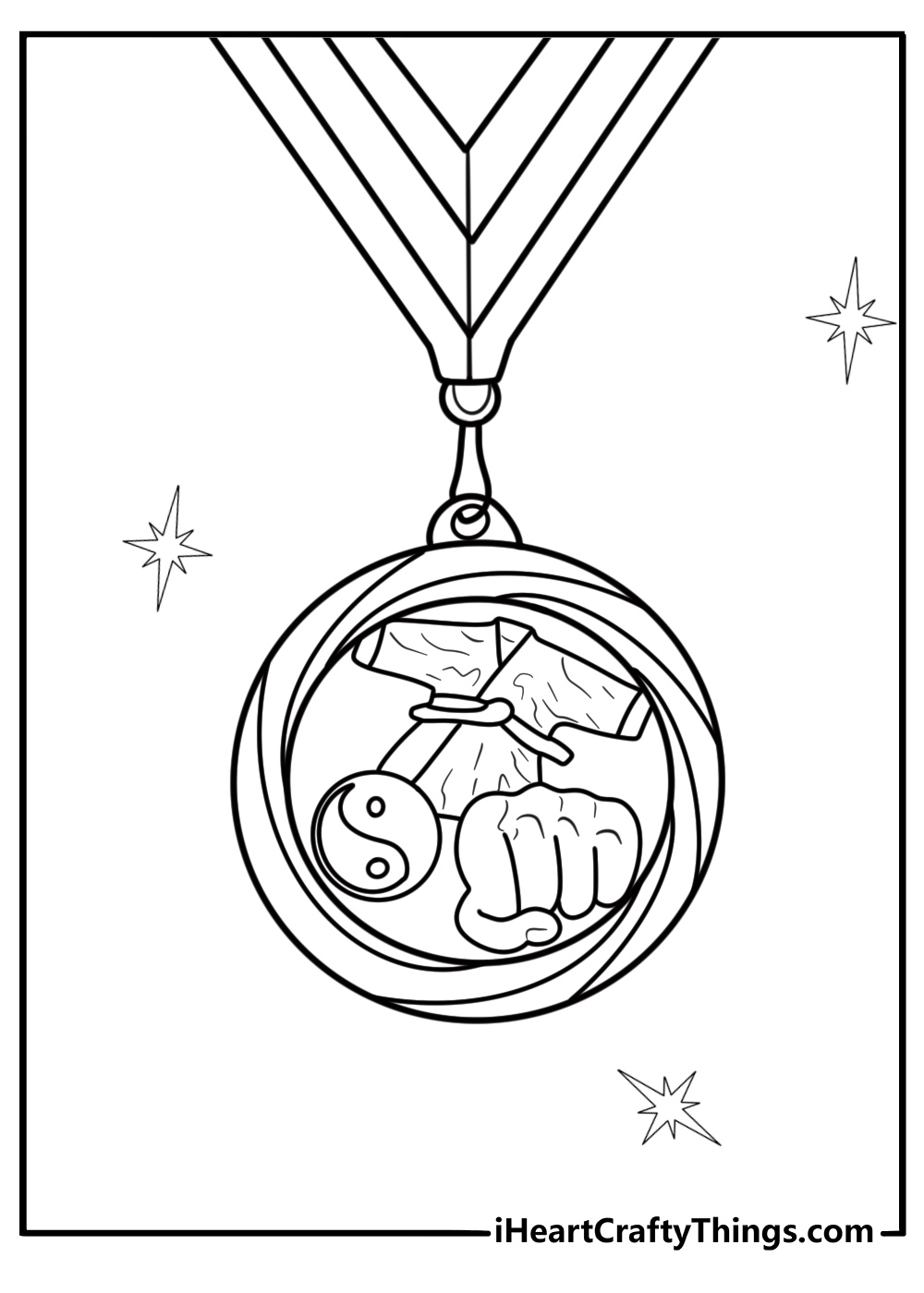 Karate medal with a ribbon and symbol coloring page
