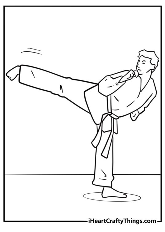 Karate student doing a spinning kick coloring page