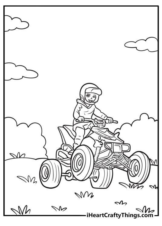 Kid riding an ATV on grass field coloring sheet