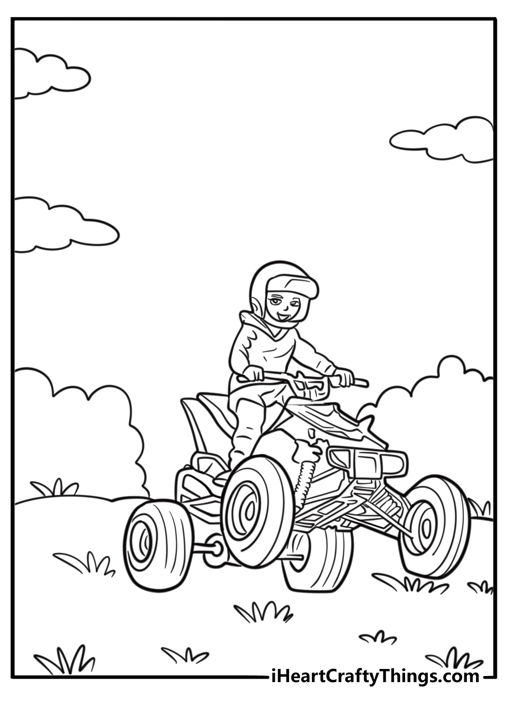 Kid riding an ATV on grass field coloring sheet
