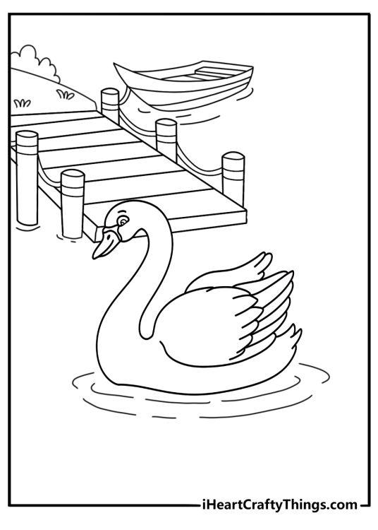 kids can color a swan passing by a wooden boat dock