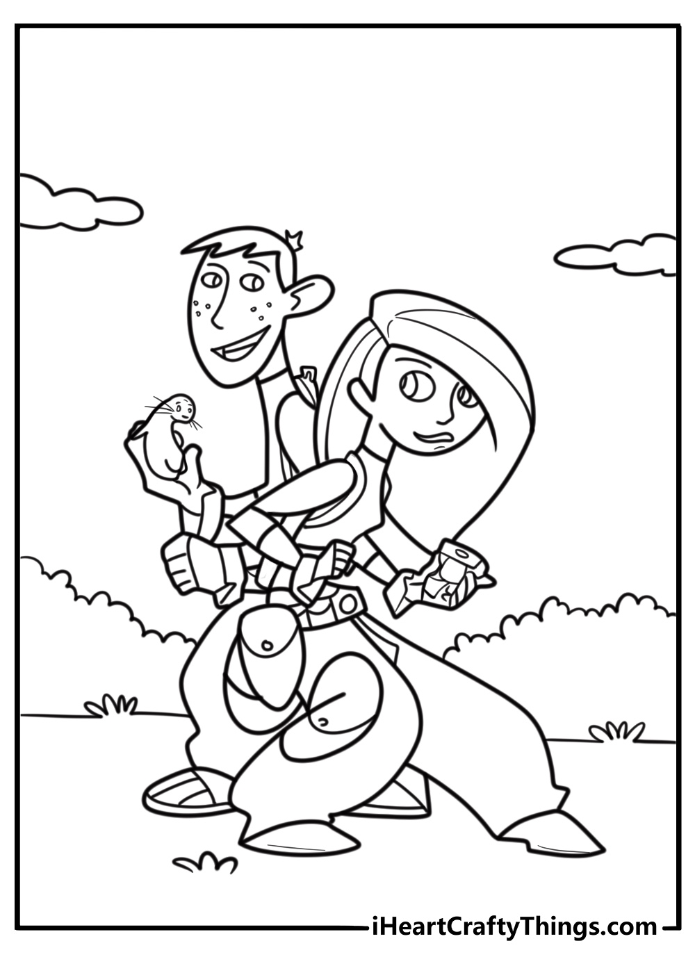 Kim and Ron with their backpacks printable coloring page