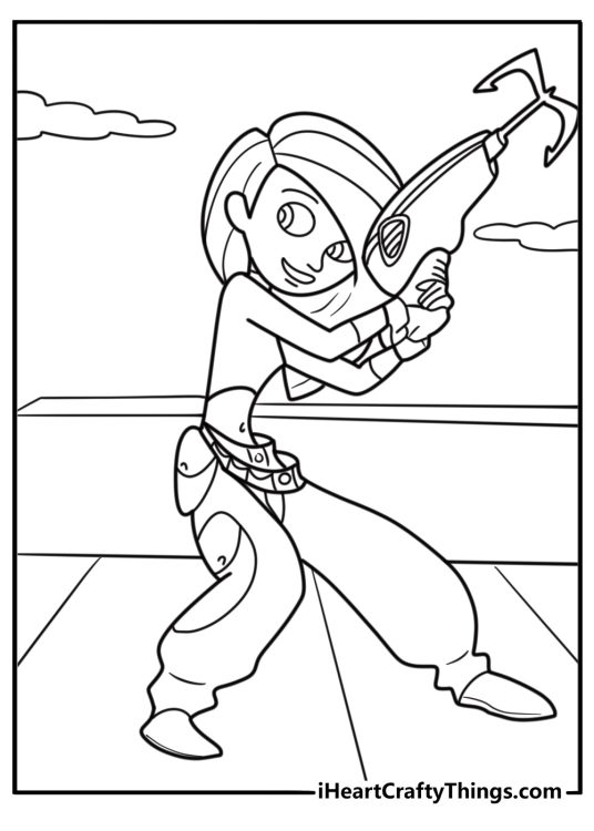 Kim Possible using her grappling hook free coloring page pdf