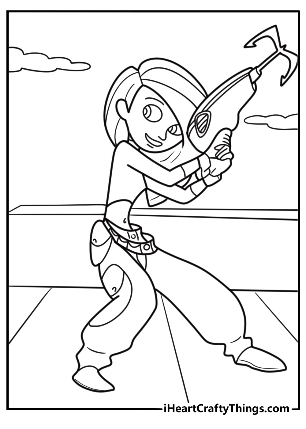 Kim Possible using her grappling hook free coloring page pdf