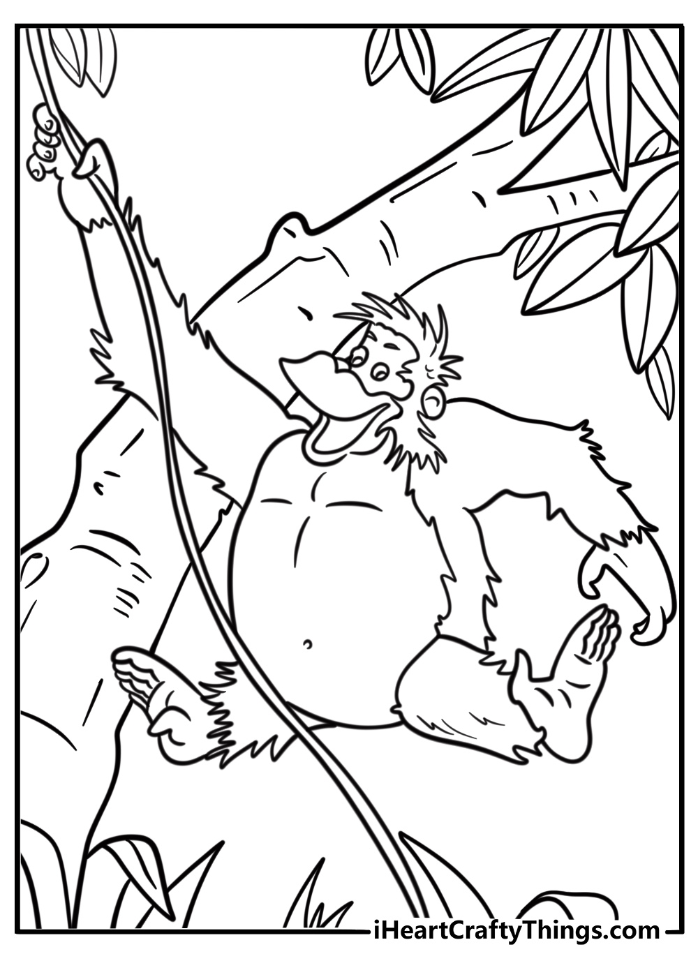 King Louie swinging from vines coloring page