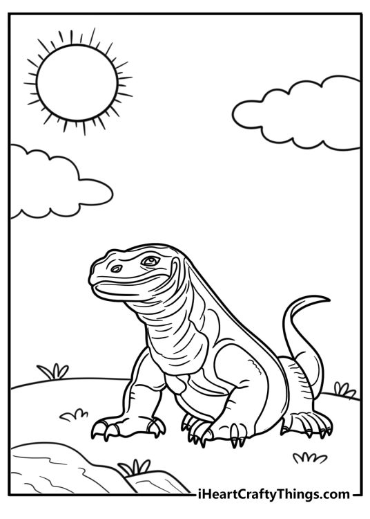 Komodo dragon basking in the sun on a flat rock coloring page