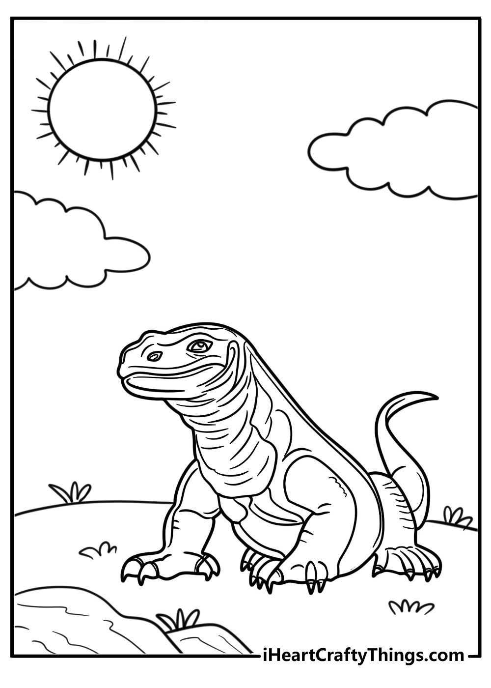 Komodo dragon basking in the sun on a flat rock coloring page