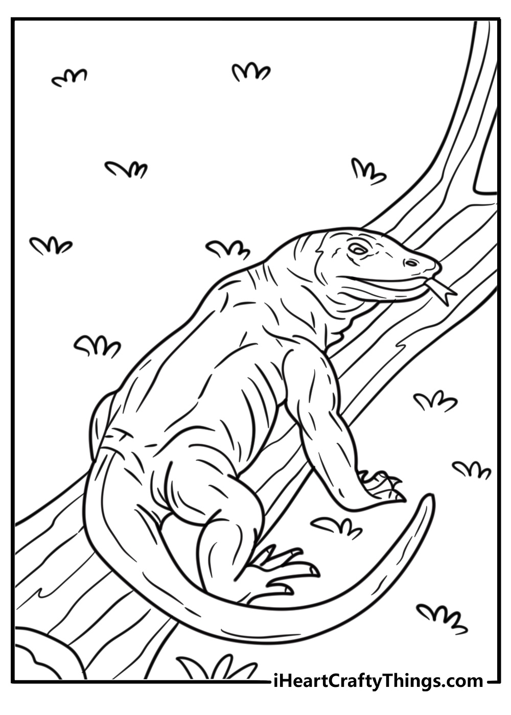 Komodo dragon climbing over a fallen tree coloring page