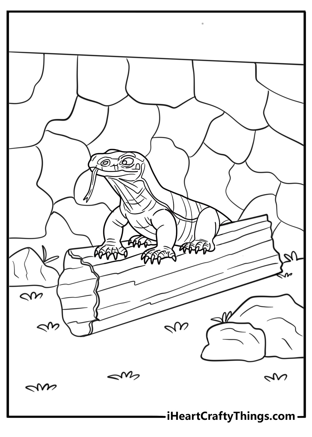 Komodo dragon in a zoo enclosure with rocks and logs coloring page