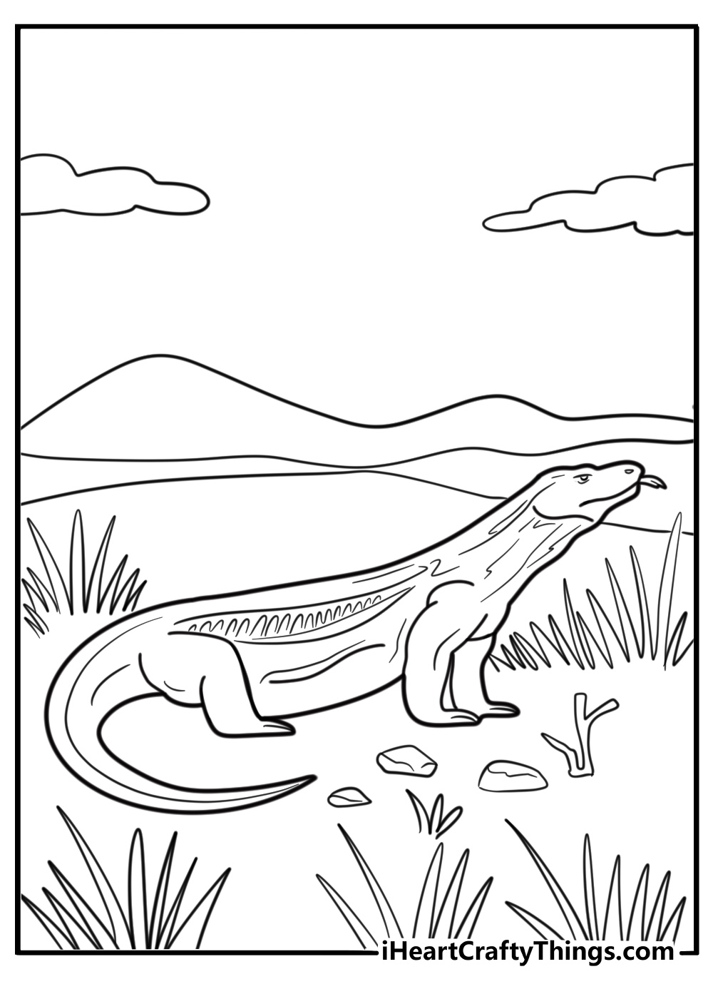 Komodo dragon looking alert in tall grass coloring page