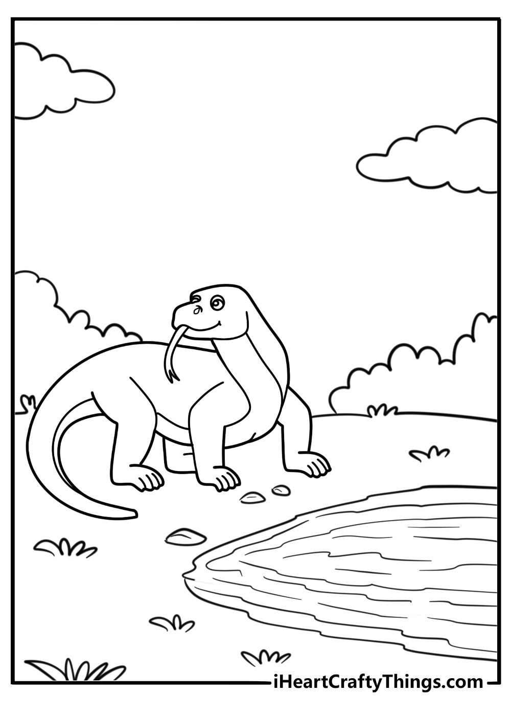 Komodo dragon near a small pond or waterhole coloring page