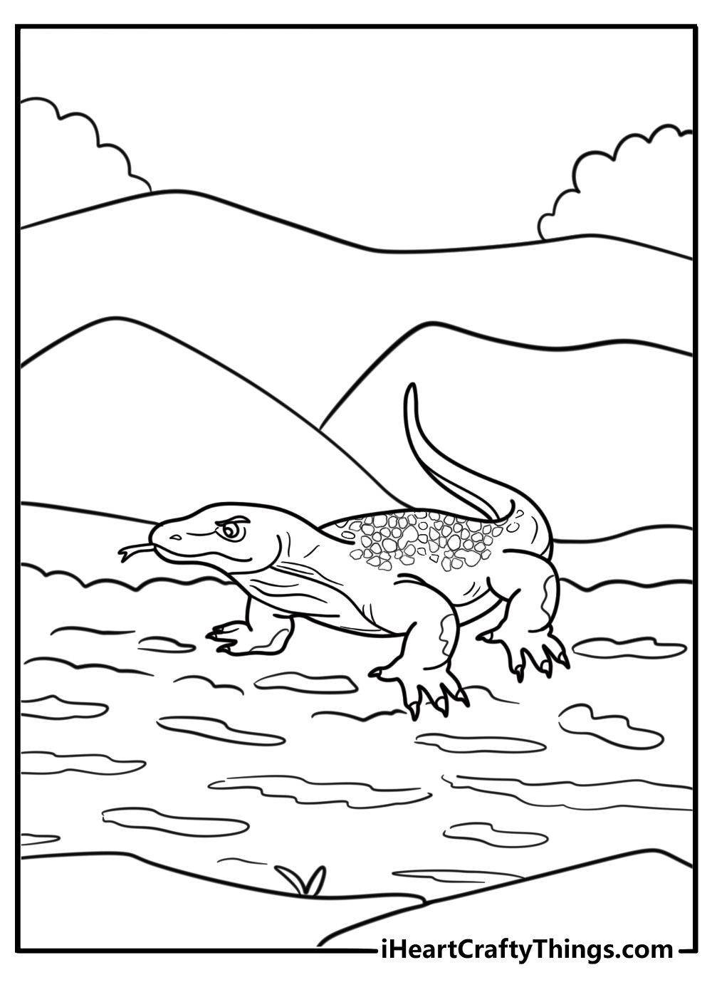 Komodo dragon resting on a dirt path coloring page