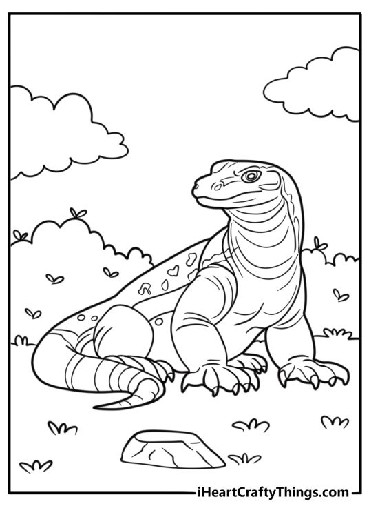 Komodo dragon resting under a bush coloring page