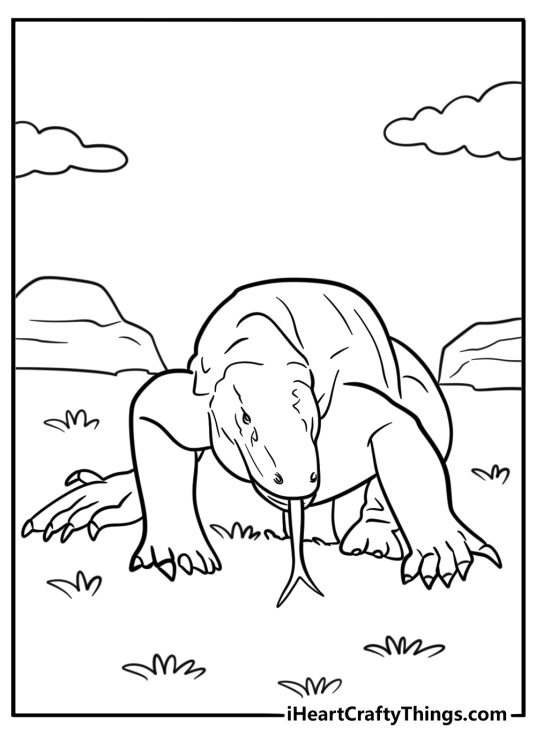 Komodo dragon sniffing the ground with its tongue coloring page
