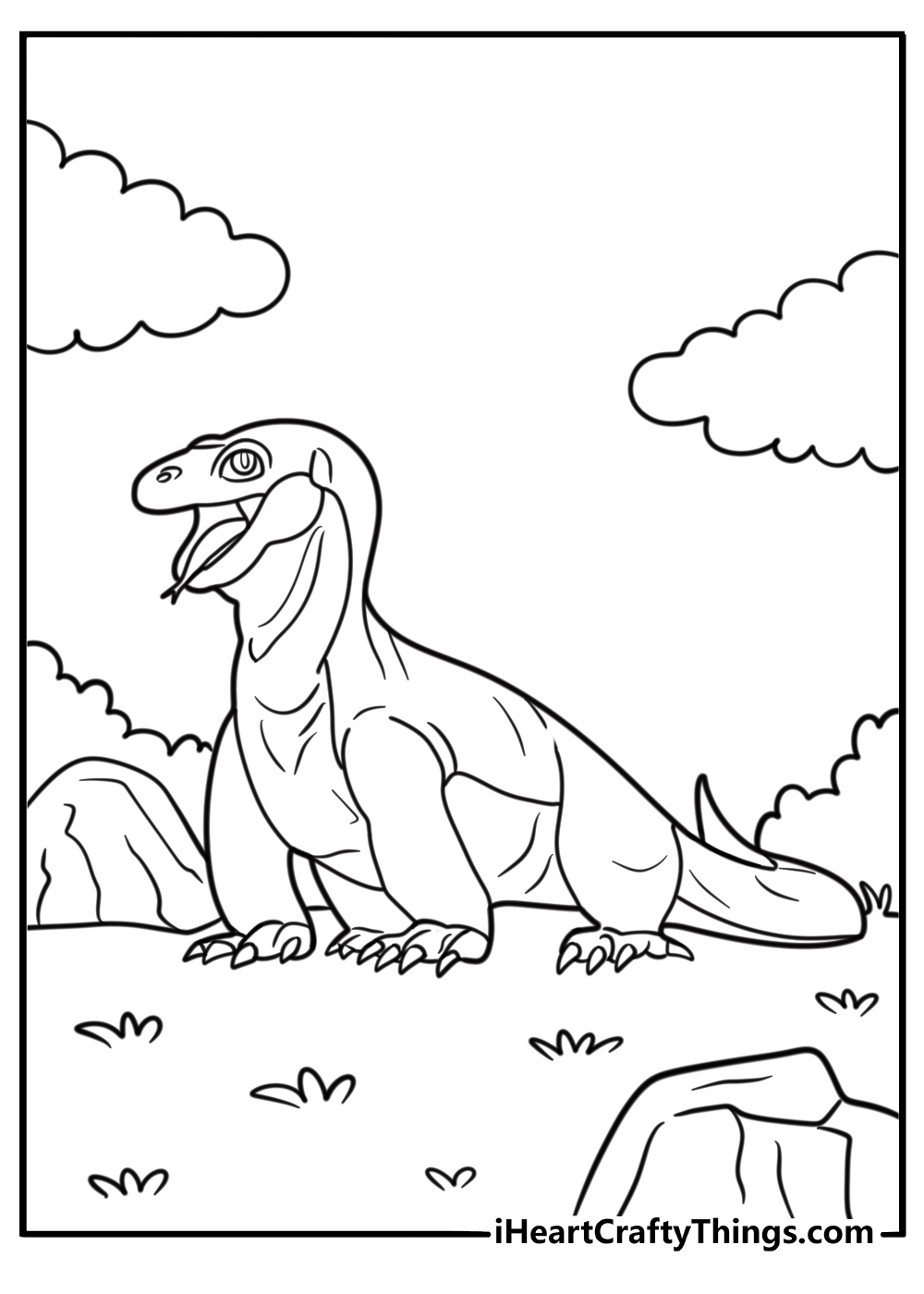 Komodo dragon stalking prey in a dry landscape coloring page