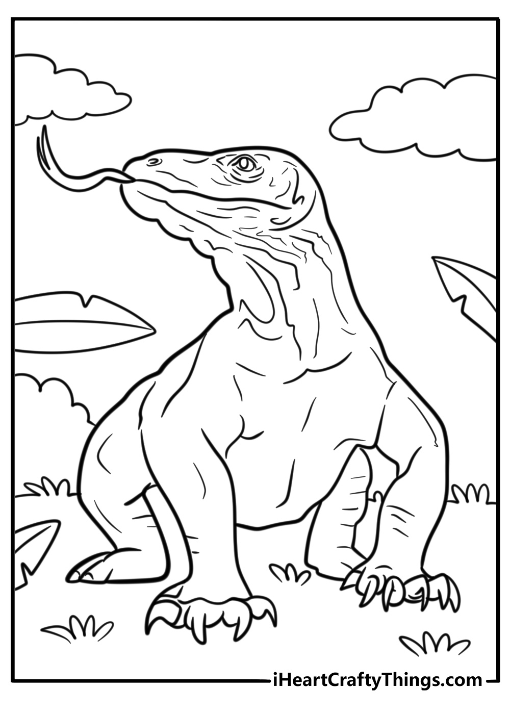 Komodo dragon surrounded by tropical plants coloring page