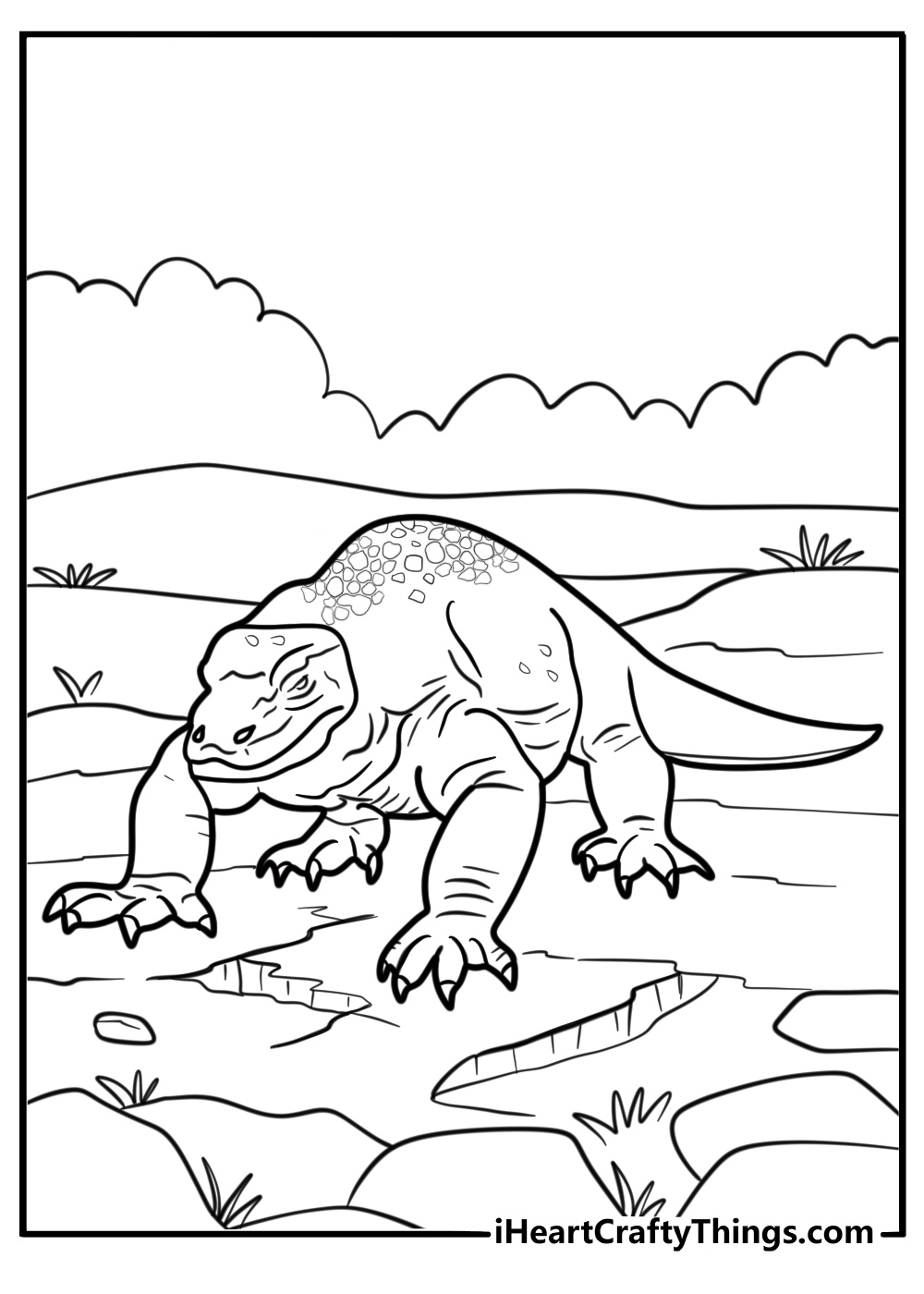 Komodo dragon walking across dry cracked earth coloring page