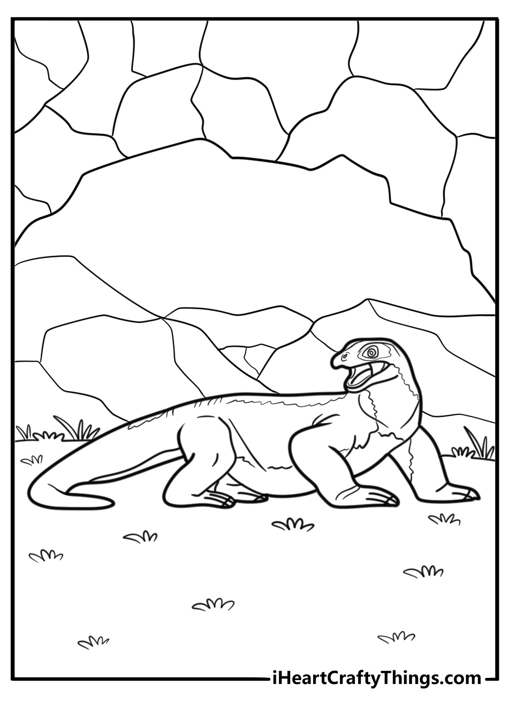 Komodo dragon walking near a cave or rocky shelter coloring page