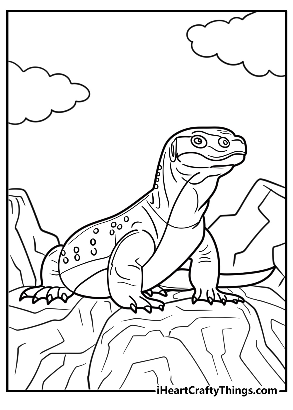 Komodo dragon walking through rocky terrain coloring page