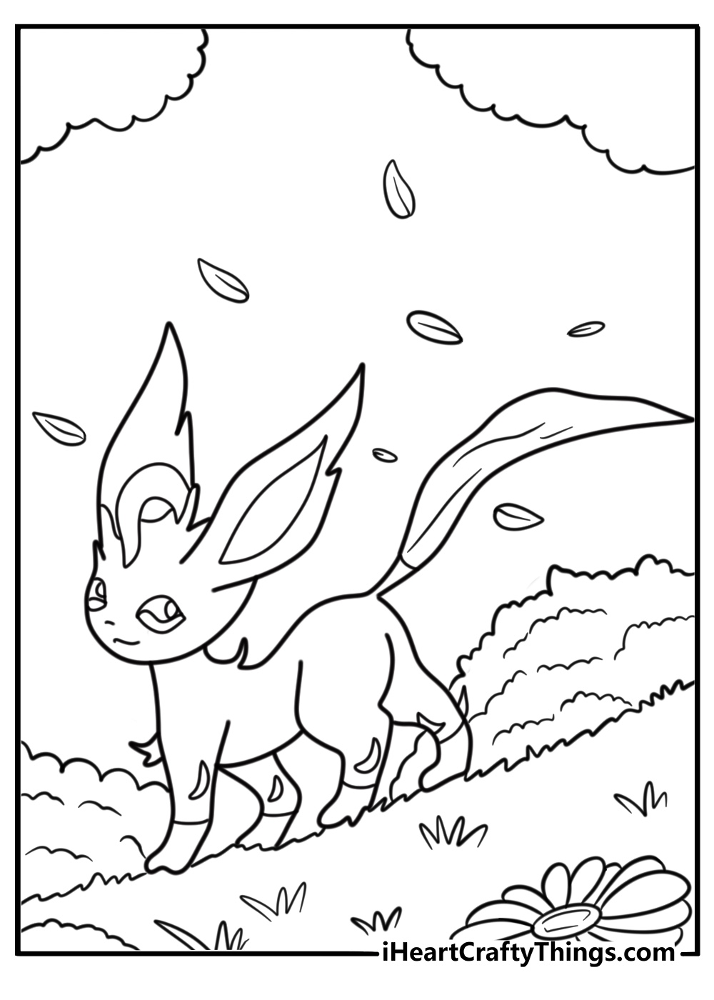 Leafeon among tall flowers in a sunny field