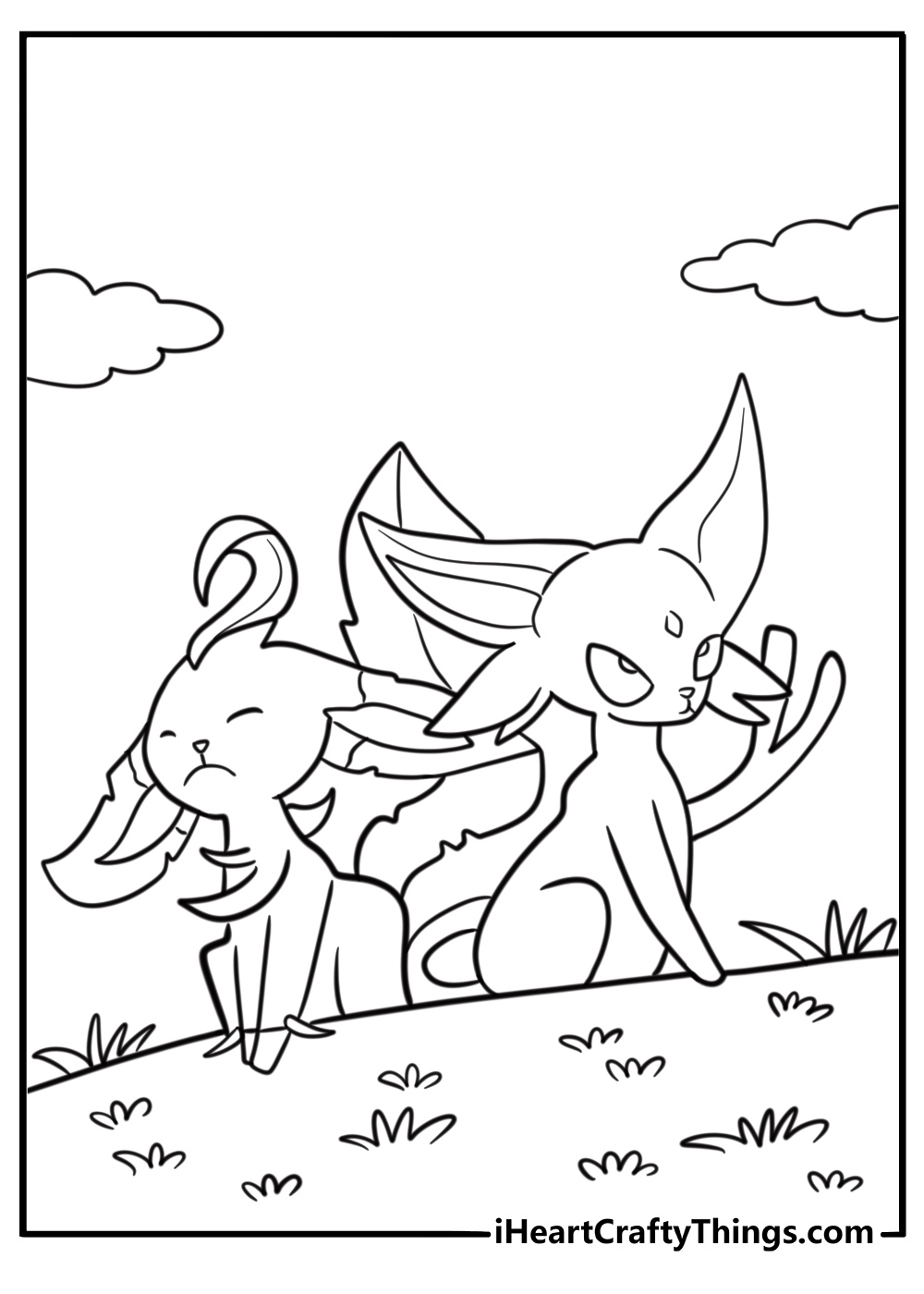 Leafeon in a group with other Eeveelutions in a natural scene