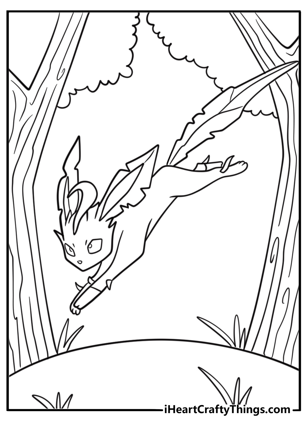 Leafeon leaping between tree branches in a dense forest