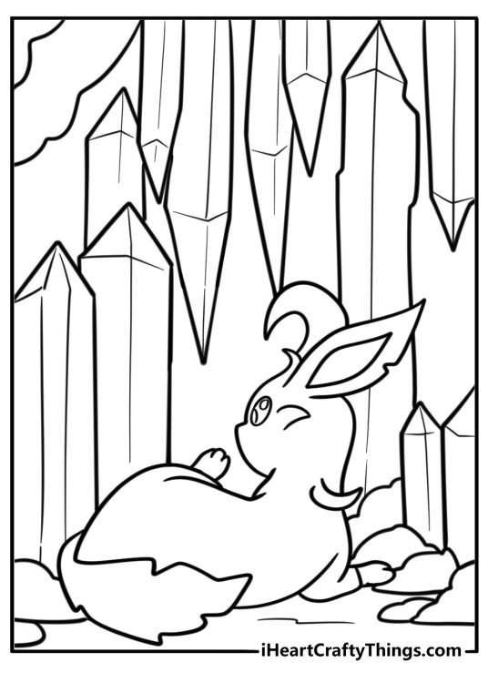Leafeon next to glowing crystals in a mossy cave