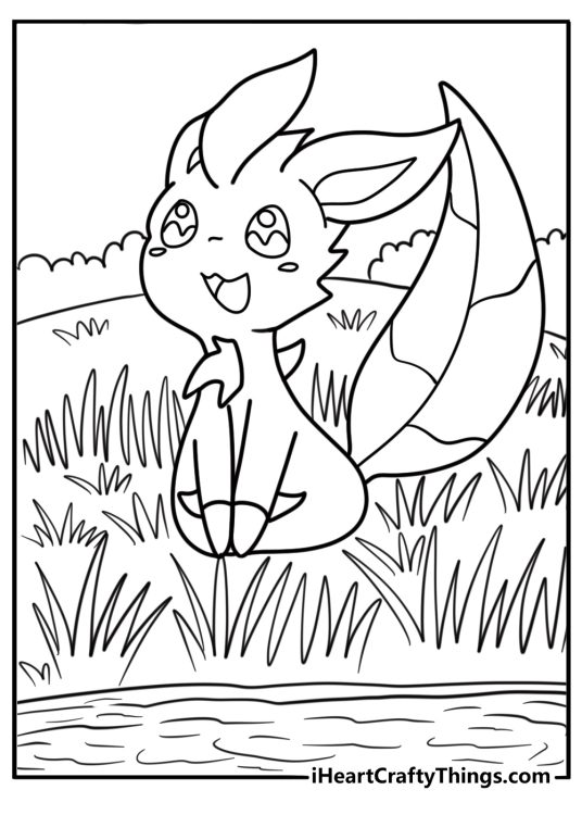 Leafeon perched quietly beside a crystal clear pond