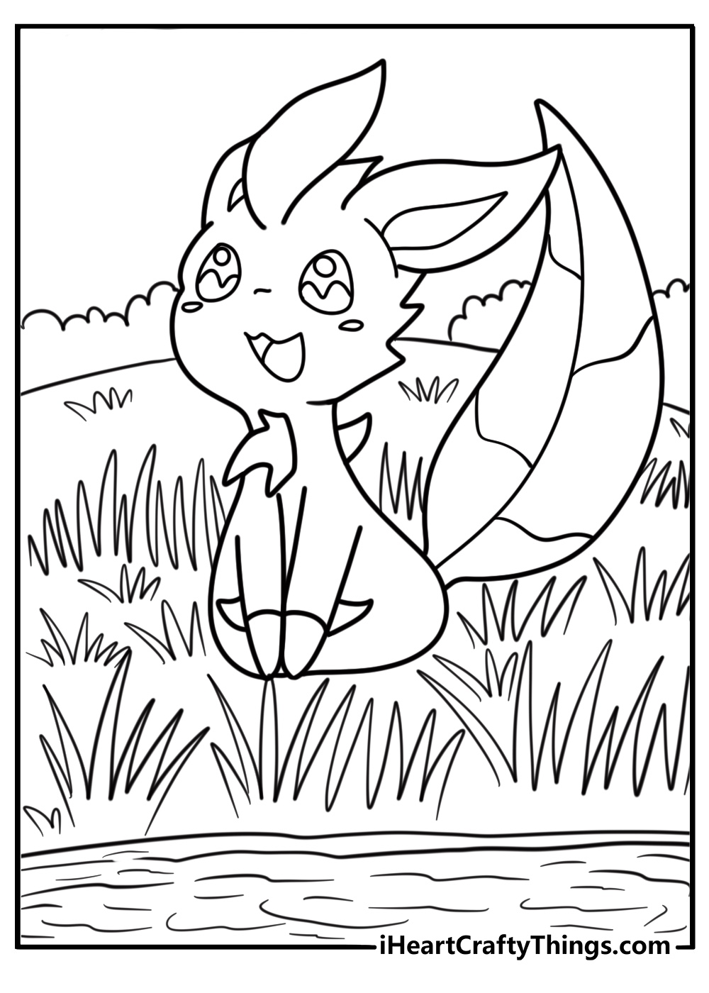 Leafeon perched quietly beside a crystal clear pond