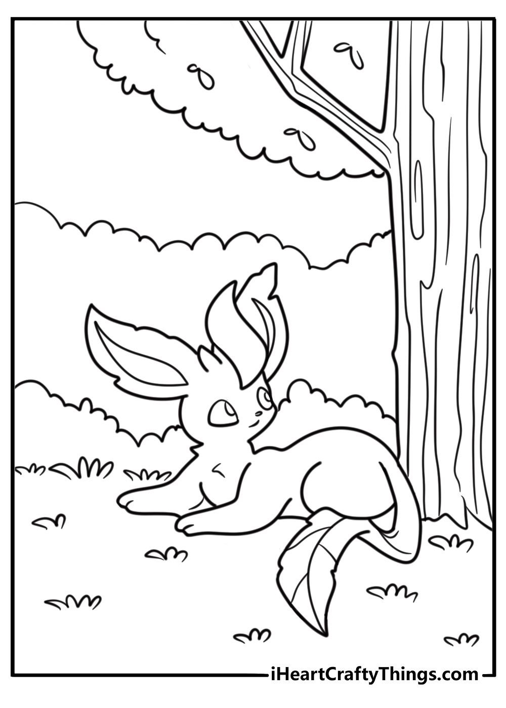Leafeon resting under a tree with sunlight filtering through