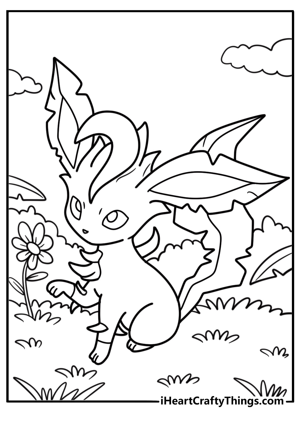 Leafeon sniffing a blooming flower in the forest