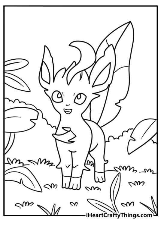 Leafeon standing in a forest surrounded by leaves